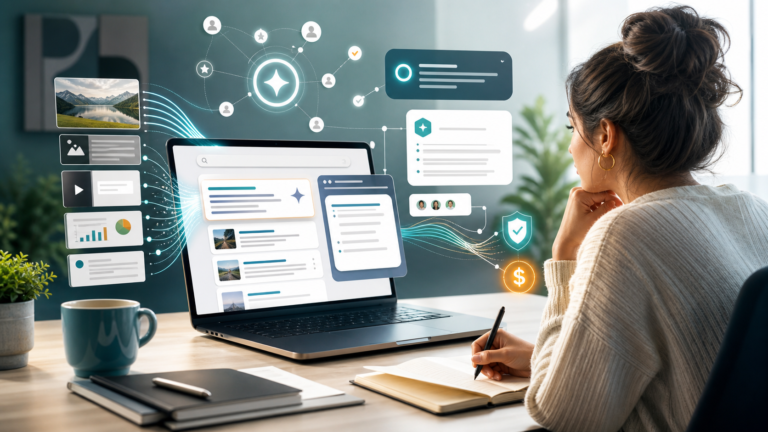 Creator planning AI search optimization content with search cards, citations, and analytics on a laptop