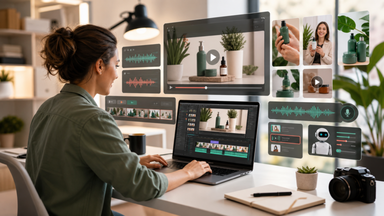 Small business owner creating AI-assisted product videos with editing panels and social clips