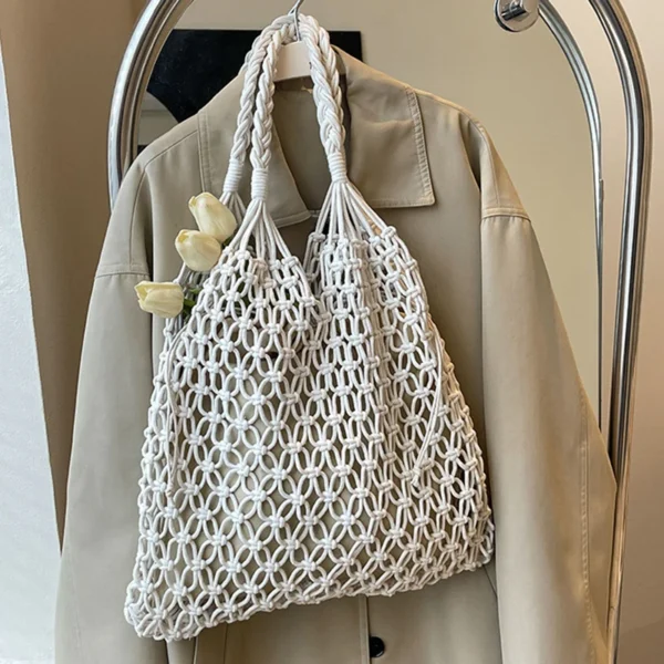 Fashion Crochet Bags for Women Summer Beach Tote Bag Raffia Aesthetic Totes Straw Handbag Bohemian Boho Woven Knit Shoulder Bag