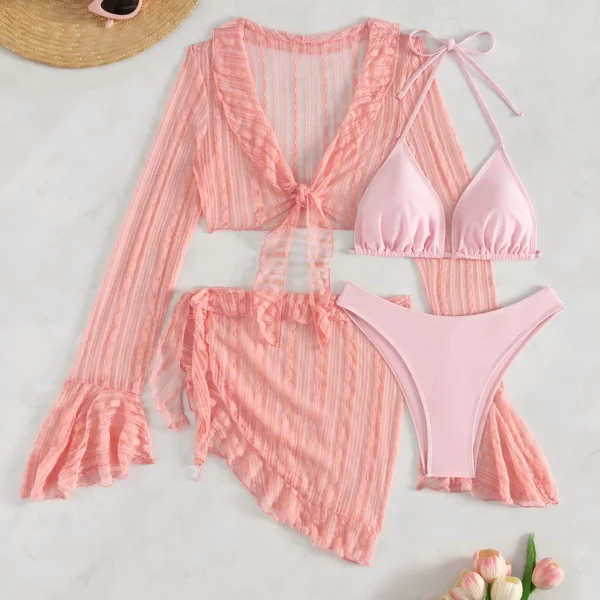 S086e4f87ce6643bc9d2c89c07a09d2d0m.webp 2026 Sexy Four-piece Women Swimsuit Long-sleeve Cover-up Swimwear Summer Solid Bikini Set Brazilian Beachwear Party bathing suit