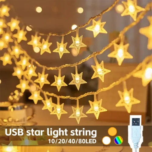 S0be36d17924b47c1afd64db4d4e2389ef.webp LED String Star Decorative Lights, USB Powered, Christmas Tree Lights, Wedding Party New Year Decorations