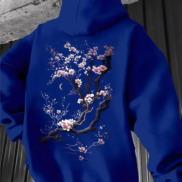 Men'S Hoodie Designed with Retro Ink Wash Style Cherry Blossom Branches Reflecting Eastern Aesthetics Made from Knit Fabric
