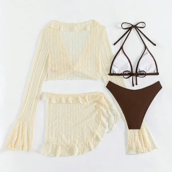 S1c53952a05624f9eaa2e4da91a40e44bF.webp 2026 Sexy Four-piece Women Swimsuit Long-sleeve Cover-up Swimwear Summer Solid Bikini Set Brazilian Beachwear Party bathing suit