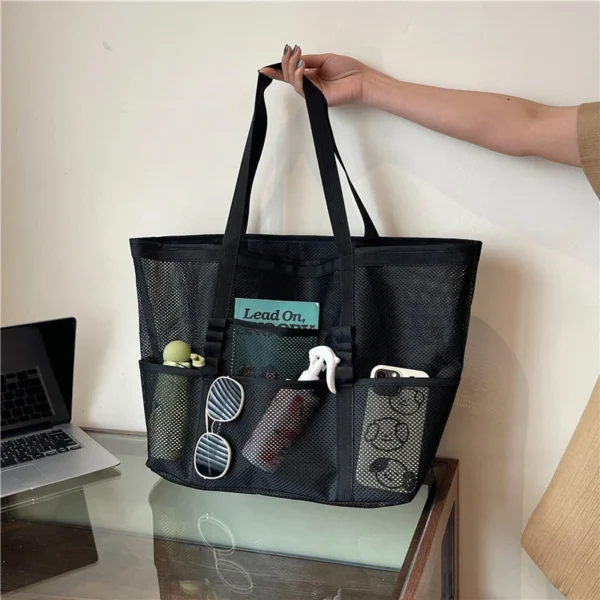 S262cf51dcffa41bab0457ba42d503151s.webp Portable Mesh Beach Bag For Women Makeup Travel Storage Wash Bag Summer Travel Swimming Bath Bag Organizer Shopper Totes
