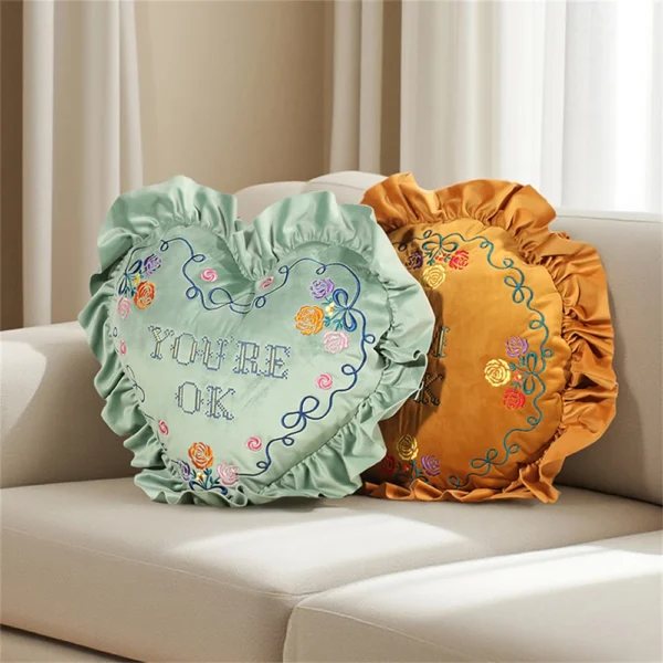 European-Style Pillow Two-Sided Sponge Balcony Cushion Home Decoration Embroidery Letter Printing Ruffled Round Love Pillowcase