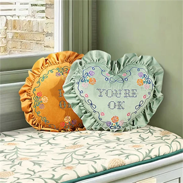 European-Style Pillow Two-Sided Sponge Balcony Cushion Home Decoration Embroidery Letter Printing Ruffled Round Love Pillowcase