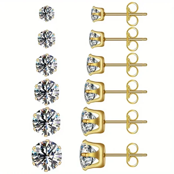 6pairs/set 3-8mm Stainless Steel Stud Earrings With Sparkling Hypoallergenic Cubic Zircon For Men And Women