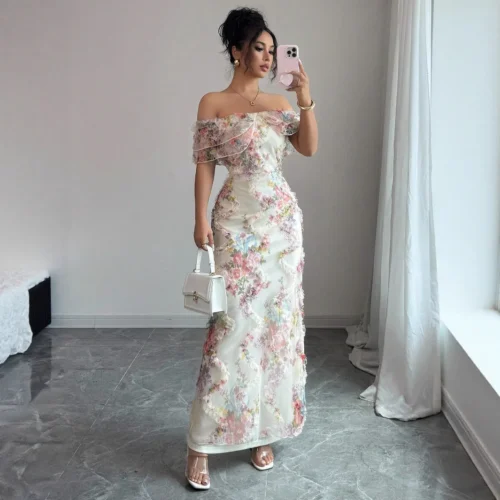 Women's Dresses Elegant and Romantic Ruffled Dress Ladies Sexy Off-the-Shoulder Fitted Mesh Floral Dress Party Gown for Female