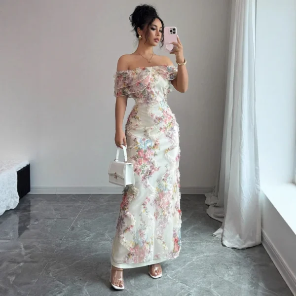 Women's Dresses Elegant and Romantic Ruffled Dress Ladies Sexy Off-the-Shoulder Fitted Mesh Floral Dress Party Gown for Female