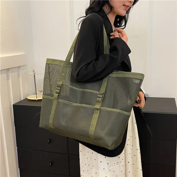 S450bb0d3487c4259bf394ab6e5a947441.webp Portable Mesh Beach Bag For Women Makeup Travel Storage Wash Bag Summer Travel Swimming Bath Bag Organizer Shopper Totes