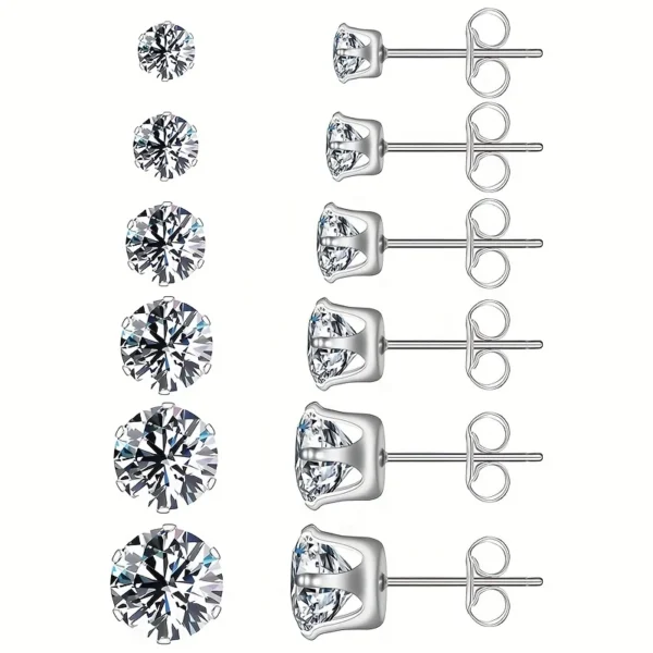 6pairs/set 3-8mm Stainless Steel Stud Earrings With Sparkling Hypoallergenic Cubic Zircon For Men And Women