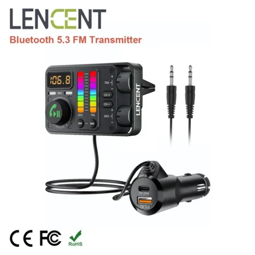 LENCENT Bluetooth 5.3 Car FM Transmitter, Hi-Fi Treble & Bass Music Player, PD20W QC18W Fast Car Charger, Radio Bluetooth Car Ad