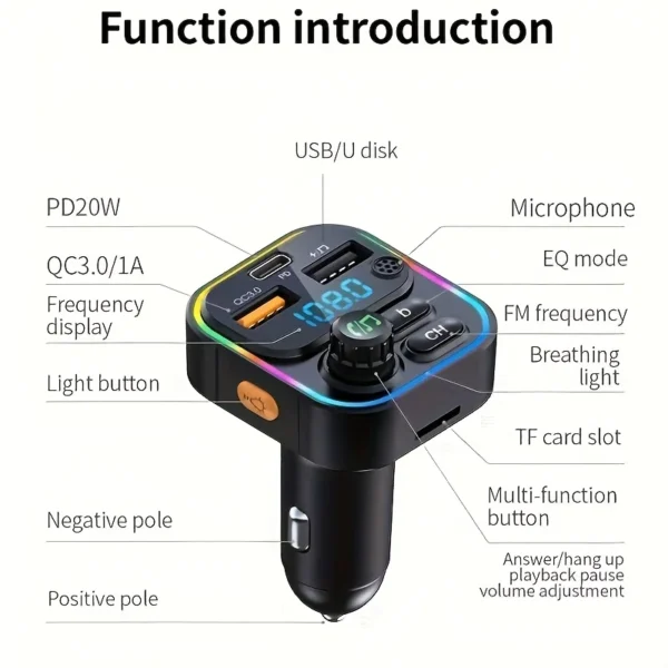 S63c6c158c4204e3682652b791beeb973f.webp FM Transmitter Bluetooth 5.3 Handsfree Car AUX Radio Modulator MP3 Player with PD20W QC3.0 Fast Charge Adapter Car Accessories