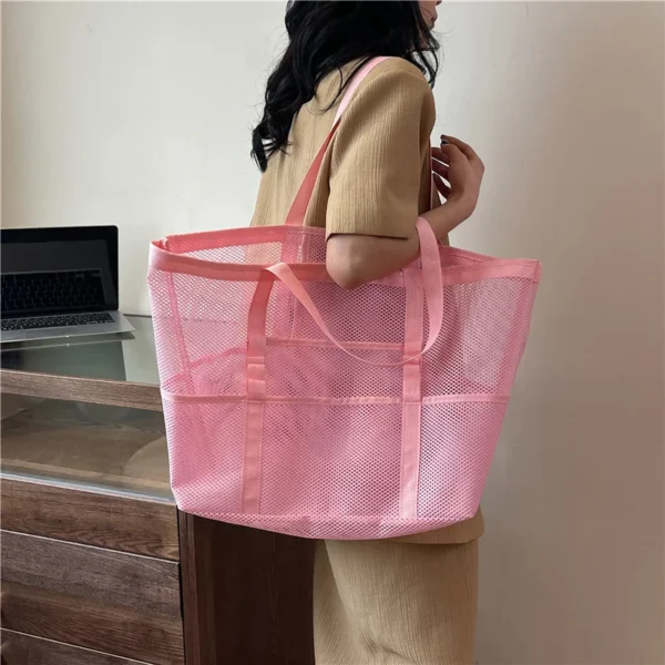 S66789dbe18d748c88c9c3223b00beeb2m.webp Portable Mesh Beach Bag For Women Makeup Travel Storage Wash Bag Summer Travel Swimming Bath Bag Organizer Shopper Totes