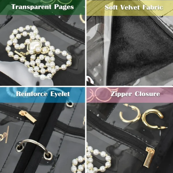 Travel Jewelry Organizer Case,Jewelry Bags Jewelry Storage Book Binder with Clear Zipper Velvet Pouch for Traveling,Earrings