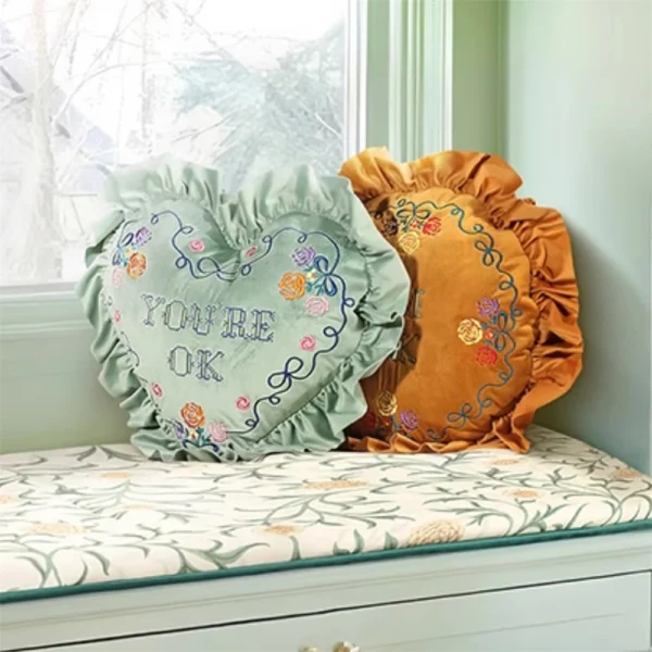 European-Style Pillow Two-Sided Sponge Balcony Cushion Home Decoration Embroidery Letter Printing Ruffled Round Love Pillowcase