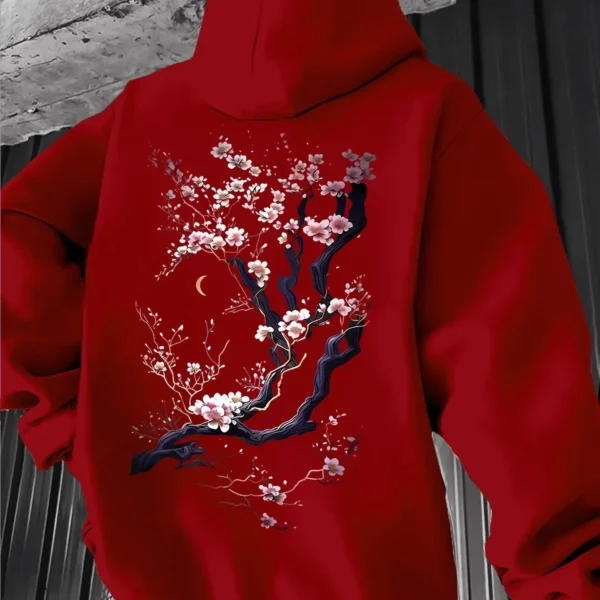 Men'S Hoodie Designed with Retro Ink Wash Style Cherry Blossom Branches Reflecting Eastern Aesthetics Made from Knit Fabric