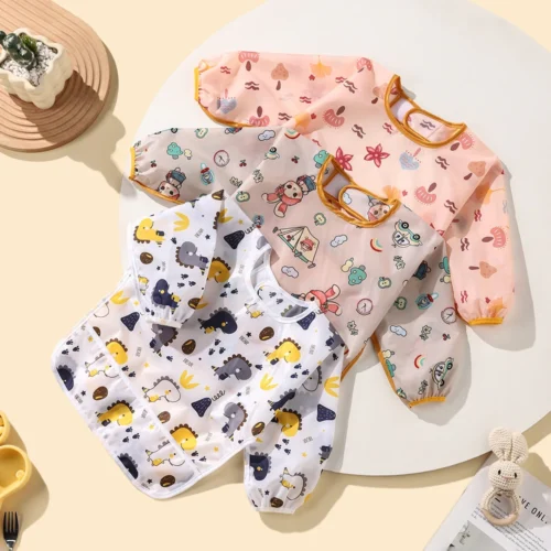 S8303e636eaca4657badb2ec0282290dc2.webp Cartoon patterned feeding bib, long sleeved cover, Velcro closure, suitable for children aged 2-6