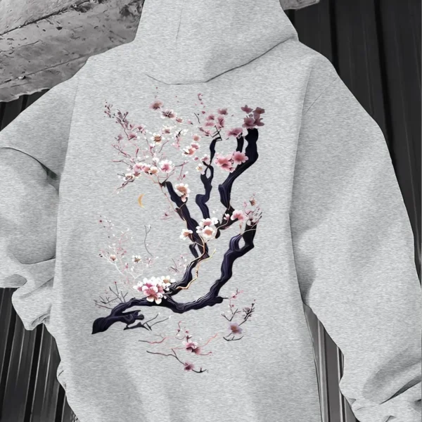 Men'S Hoodie Designed with Retro Ink Wash Style Cherry Blossom Branches Reflecting Eastern Aesthetics Made from Knit Fabric