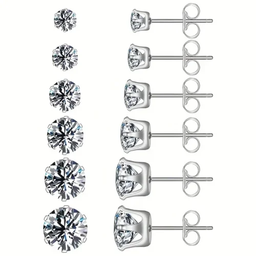 6pairs/set 3-8mm Stainless Steel Stud Earrings With Sparkling Hypoallergenic Cubic Zircon For Men And Women