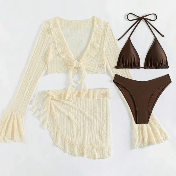 S984f69f4b7cc46709c1272e7c6883576Z.webp 2026 Sexy Four-piece Women Swimsuit Long-sleeve Cover-up Swimwear Summer Solid Bikini Set Brazilian Beachwear Party bathing suit