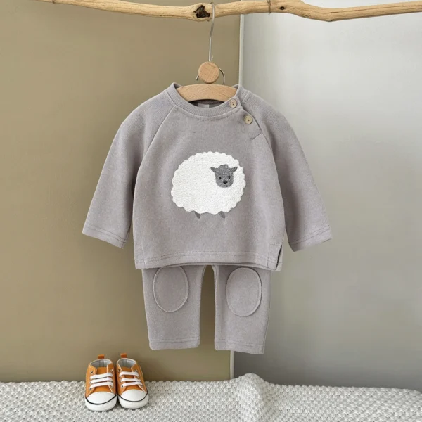 S991d5a3a46e34704a8cc97e1fa27cc09v.webp Baby Girl Clothes Cotton Spring Fall Baby Boy Clothing Lamb Pattern Towel Embroidery Top+Casual Knee Protection Pants Sets