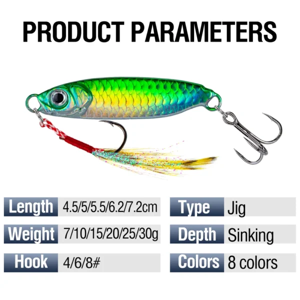 8Pcs Metal Fishing Lure 7g/10g/15g/20g/25g/30g Slow Sinking Fishing Jigs 3D Eyes Laser Fishing Bait with Sharp Hooks for Fishing