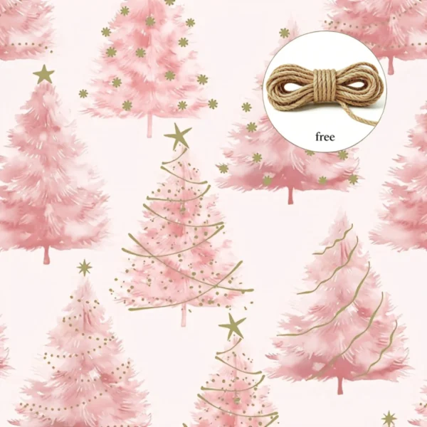 Gift Wrapping Paper with Jute Rope, Pink Christmas Tree, Suitable for Christmas, Christmas Eve, New Year, Valentine's Day, Girl