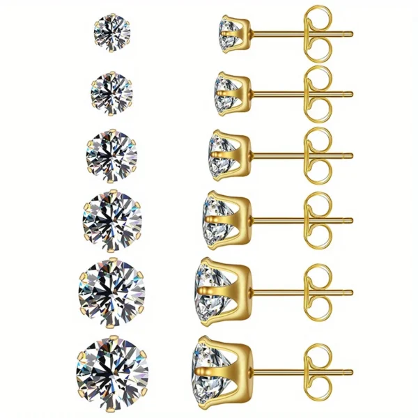 6pairs/set 3-8mm Stainless Steel Stud Earrings With Sparkling Hypoallergenic Cubic Zircon For Men And Women