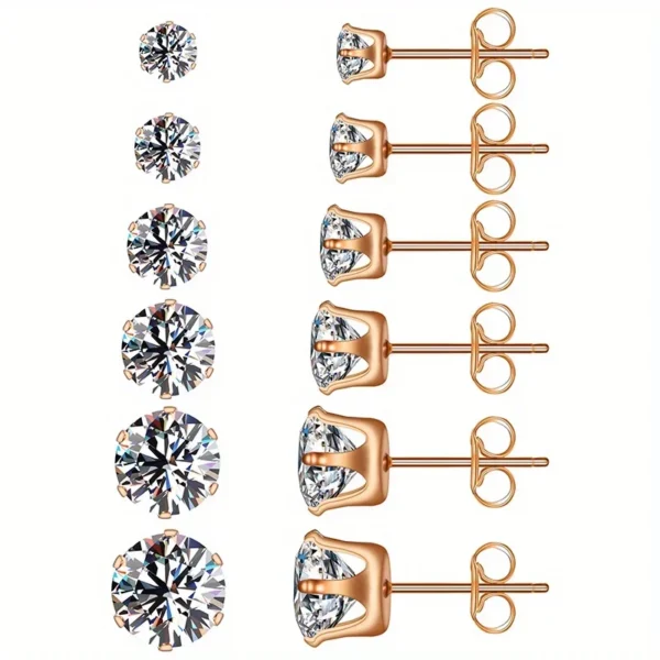 6pairs/set 3-8mm Stainless Steel Stud Earrings With Sparkling Hypoallergenic Cubic Zircon For Men And Women