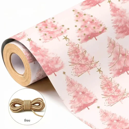 Gift Wrapping Paper with Jute Rope, Pink Christmas Tree, Suitable for Christmas, Christmas Eve, New Year, Valentine's Day, Girl