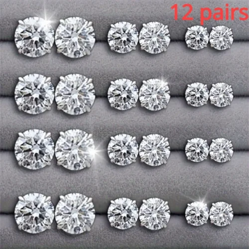 12 Pairs Set Stainless Steel Silver Color CZ Stud Earrings with Gemstone Buds Round Earrings Jewelry Accessories Unisex