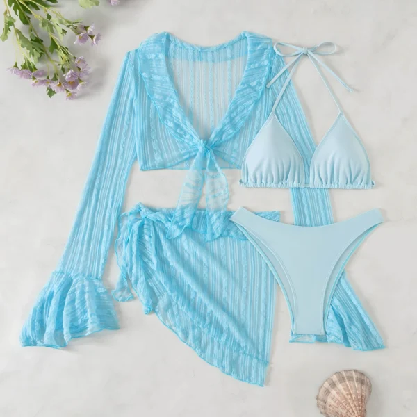 Sc22d79a6f40d4a7f91038bebb9f69302u.webp 2026 Sexy Four-piece Women Swimsuit Long-sleeve Cover-up Swimwear Summer Solid Bikini Set Brazilian Beachwear Party bathing suit