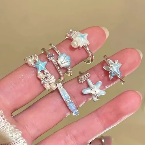 Sc31a287ba880416c8c9f4e591cedb3e9J.webp Sweet Blue Starfish Shell Rings for Women Girls Fashion Imitation Pearl Open Rings Summer Ocean Vacation Jewelry Accessories