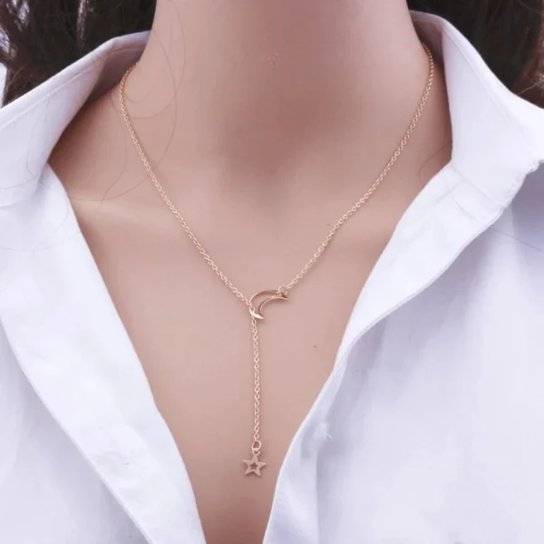 Sc911c7c0b1734d60bc92e65b3c4fd951H.webp New Simple Moon Star Pendant Choker Necklace Simple Gold Color Alloy Charm Chain Collares Necklace For Women Party Jewelry