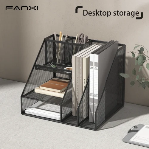 Desk Organizer with File Holder, Desk Organizers with 3 Tier Letter Trays and 2 Pen Holders, Mesh Desk Accessories & Workspace