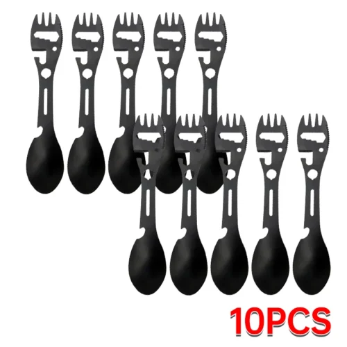 Se138e2d0d99b48039ceac8cc6734aab21.webp Camping Utensils Set Stainless Steel Outdoor Survival Gear 5 in 1 Tableware Travel Hiking Cutlery Fork Spoon Opener