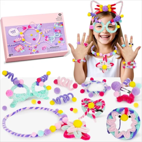 Arts & Crafts Jewelry Making Kit, Multi-Colored Chenille Stems, DIY Pipe Cleaners Art Supplies Kids, Decorations, Birthday Gifts