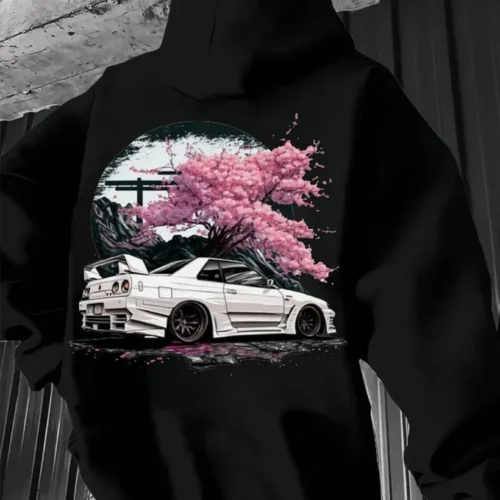 Sef6813867f894f43ab2a0f9e5b0329b7Z.webp Men's Hoodie for Autumn/Winter Minimalist Streetwear Style Featuring Vintage JDM White Sports Car and Cherry Blossom Graphics