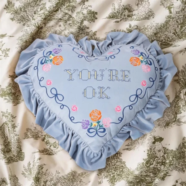 European-Style Pillow Two-Sided Sponge Balcony Cushion Home Decoration Embroidery Letter Printing Ruffled Round Love Pillowcase