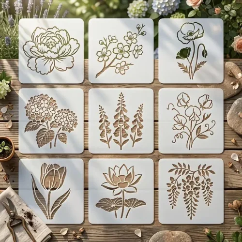 9pcs DIY Floral Painting Stencils Multi-Surface Paper Craft Supplies for Spray Painting Furniture Upcycle Art Projects