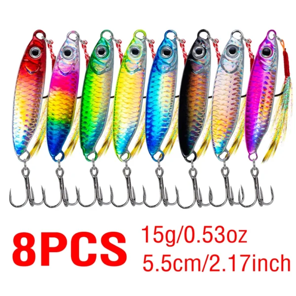 8Pcs Metal Fishing Lure 7g/10g/15g/20g/25g/30g Slow Sinking Fishing Jigs 3D Eyes Laser Fishing Bait with Sharp Hooks for Fishing